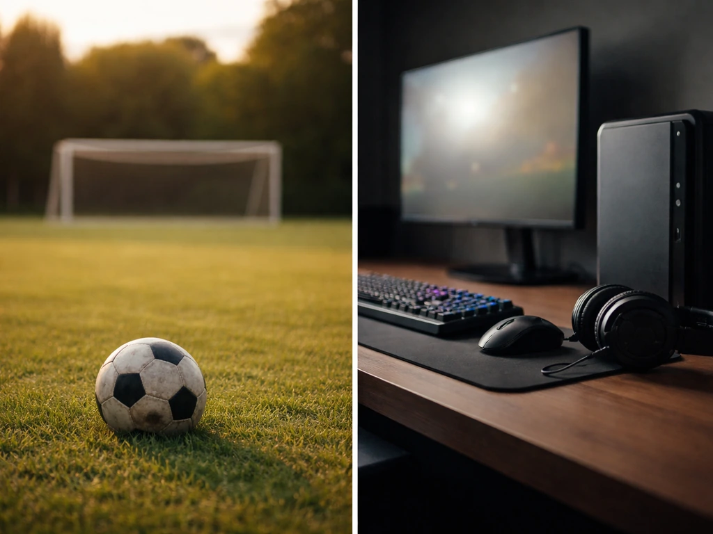 Minimal split scene: empty football field with a ball vs esports desk with keyboard, mouse, and headset.