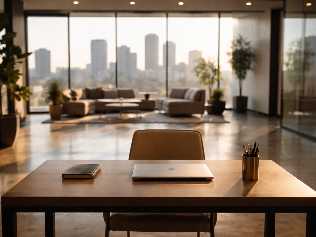 Empty modern startup office desk near a window with blurred city view, symbolizing investments and business.