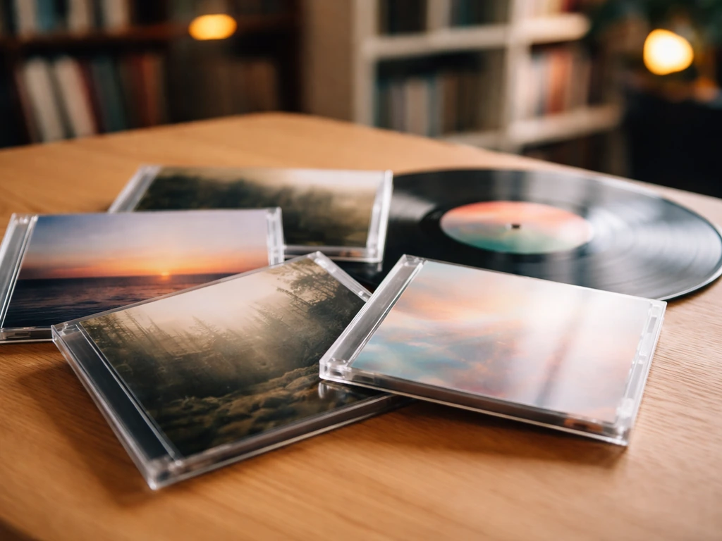 Close-up of CDs and a vinyl record on a wooden table, artwork facing up, no text.