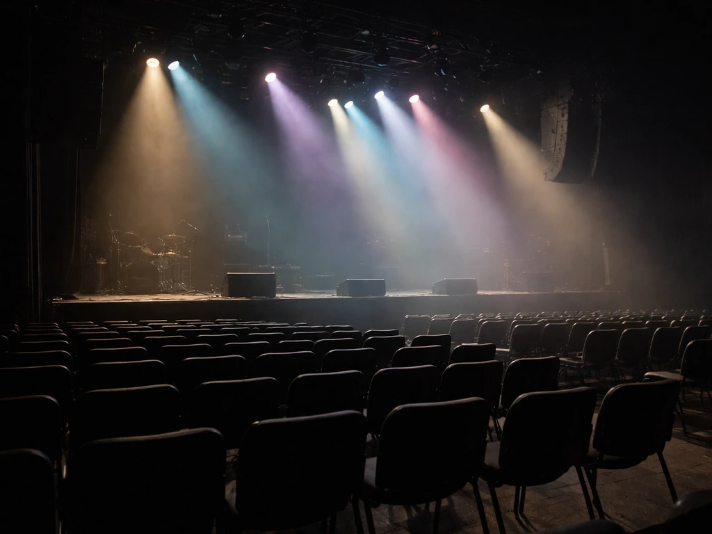 Empty concert venue with softly lit seats and stage lights glowing in the dark