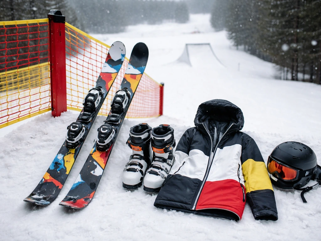 Staged freestyle skier gear on a snowy slope with sponsor-style decals and big-air course backdrop.