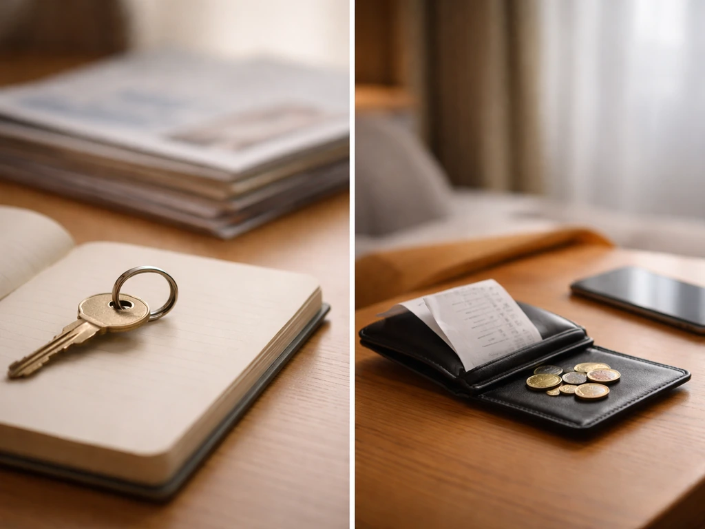 Minimal split scene showing a home key on a ledger, and a hospitality bill with receipts under warm light.